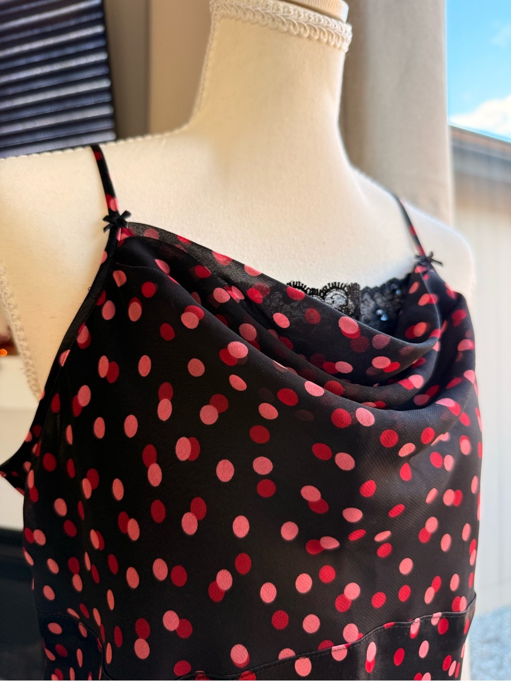 delicates Black Satin Cowl Cami with Pink Polka Dots